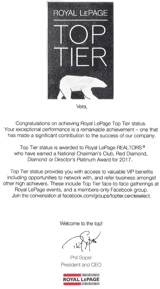 Congratulations Vera for making top tier in Royal Lepage 2017